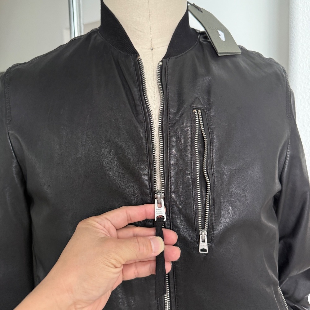 ALL SAINTS X- SMALL Mens Black Leather NINO Bomber Jacket - Picture 10 of 14